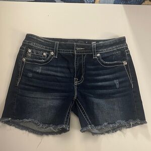 Miss Me Dark Blue Distressed Frayed Hem Jean Shorts